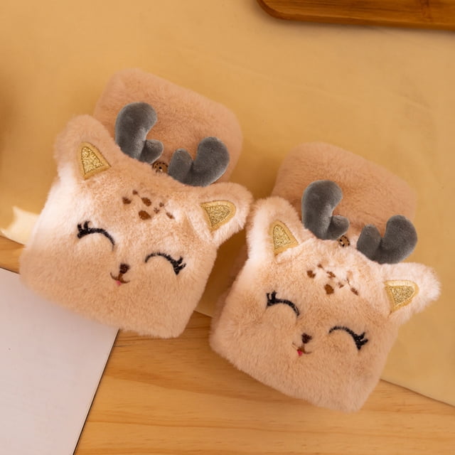 Gants Chauds Épais Sans Doigts en Peluche Faon Demi-Doigt Dessin Animé Mignon