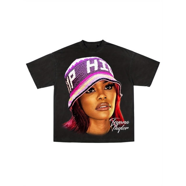 Men'S Bohemian Style Teyana Taylor Graphic T Shirt Black with Pink Lettering & Signature Print