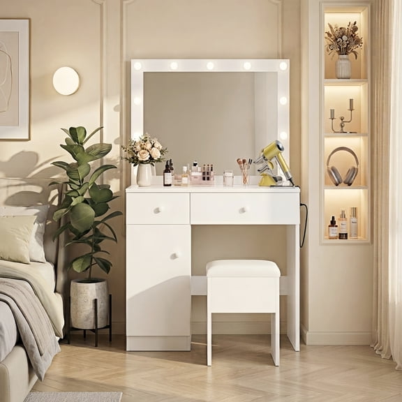 Bexfil Makeup Vanity Desk with Mirror and Power Outlet, White Vanity Desk Set with 3 Color Light Options Adjustable Brightness
