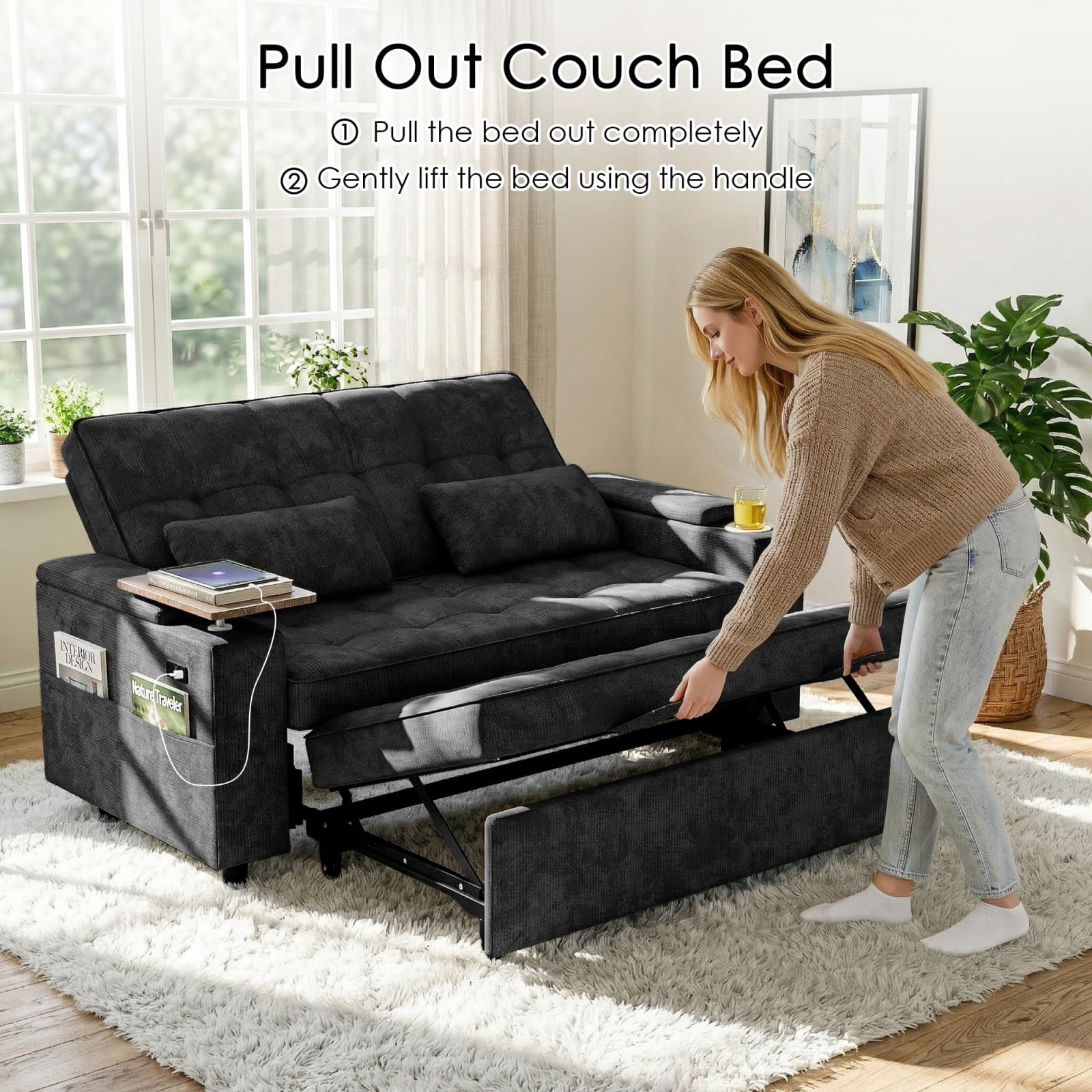 65" Sleeper Sofa Bed, 3 in 1 Convertible Pull Out Couch with Chenille Fabric, USB Ports, Storage Arms, Adjustable Backrest for Apartment Living Room, Black