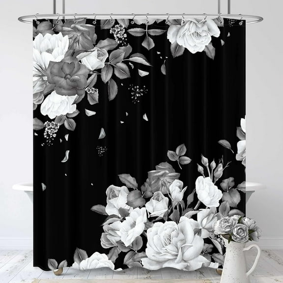 Black Floral Shower Curtain 72Wx84H Extra Long White Gray Blossom Roses Urban Unique Modern Simple Bathroom Decor Waterproof Fabric Home Bathtub Decor 12 Pack Plastic Hooks