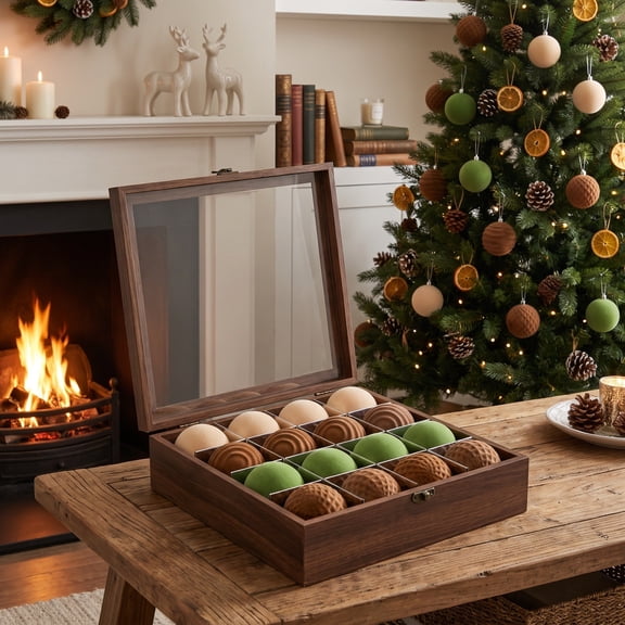 2.36" Velvet Flocked Christmas Balls Ornament Set, Beige Brown Sage Green, 16Pcs Hanging Baubles with Hanging Rope for Christmas Tree Indoor Holiday Home Decoration