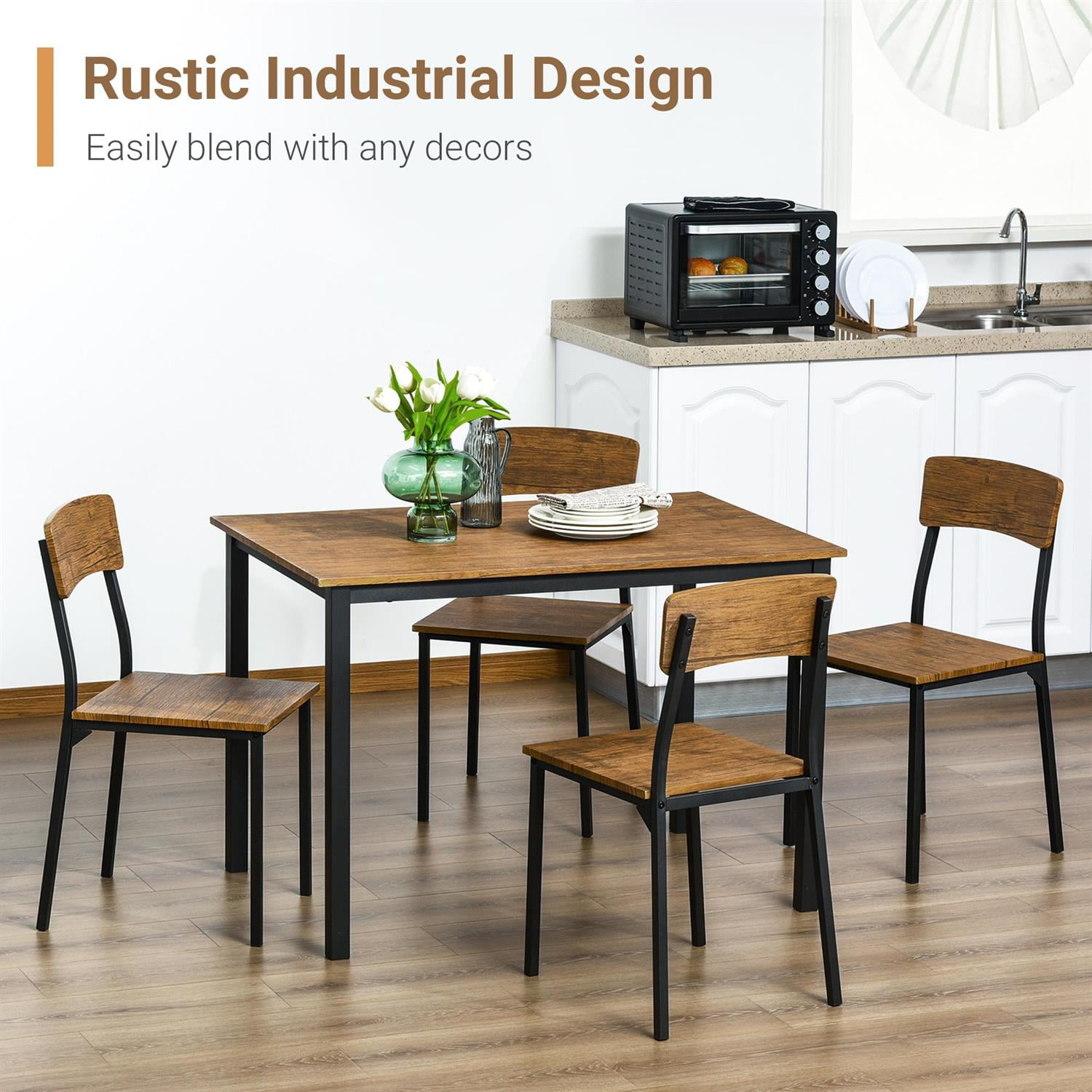 Demi Bonn Modern Industrial 5-Piece Dining Set, Dark Walnut Finish, Compact for Small Spaces, Stylish for Home & Kitchen, Brown