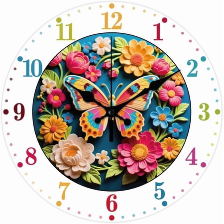 Colorful Butterflies Wall Clock 12 Inch 3D Embossed Style Clock Battery Operated Silent Non Ticking Round Decorative Clock for Home Office Decoration
