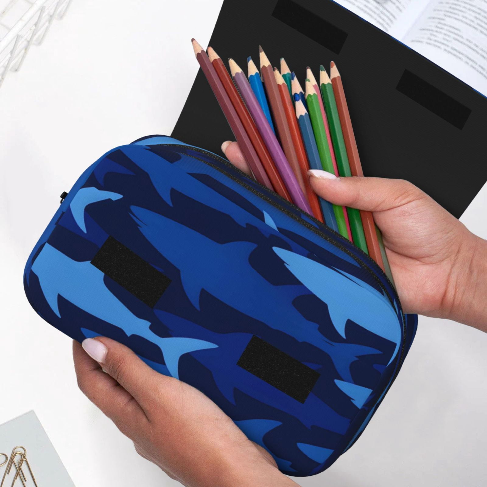 Large-Capacity Flip-Top Double-Layer Pencil Case, Multi-Functional Pocket Pen Case, Durable Stationery Organizer Blue Camouflage Shark Pattern