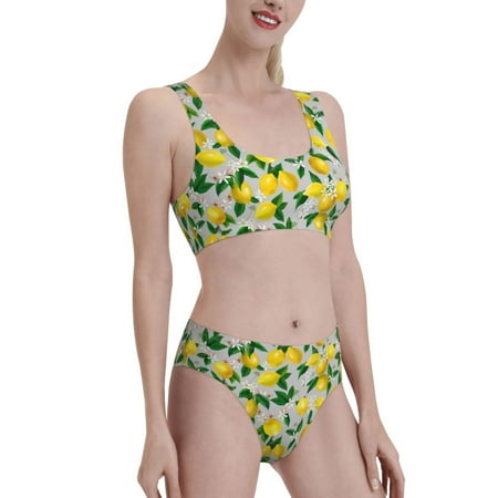Uemuo Lemon1 Printed Women s High Waisted Bikini Sets Sporty Two Piece Swimsuits Color Block Cheeky High Cut Bathing Suits-