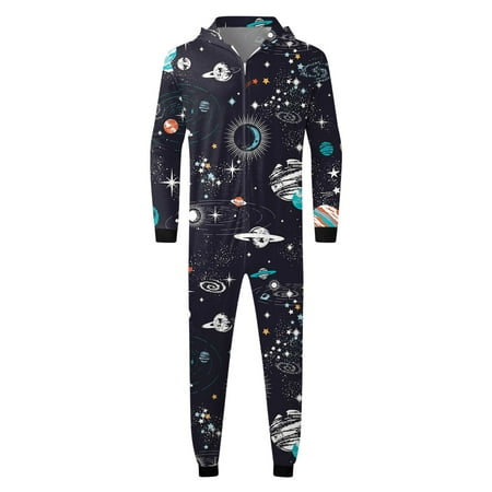 

Youmylove Men Christmas Sets Black Space Printed Hooded Zipper Jumpsuit Family Outfit
