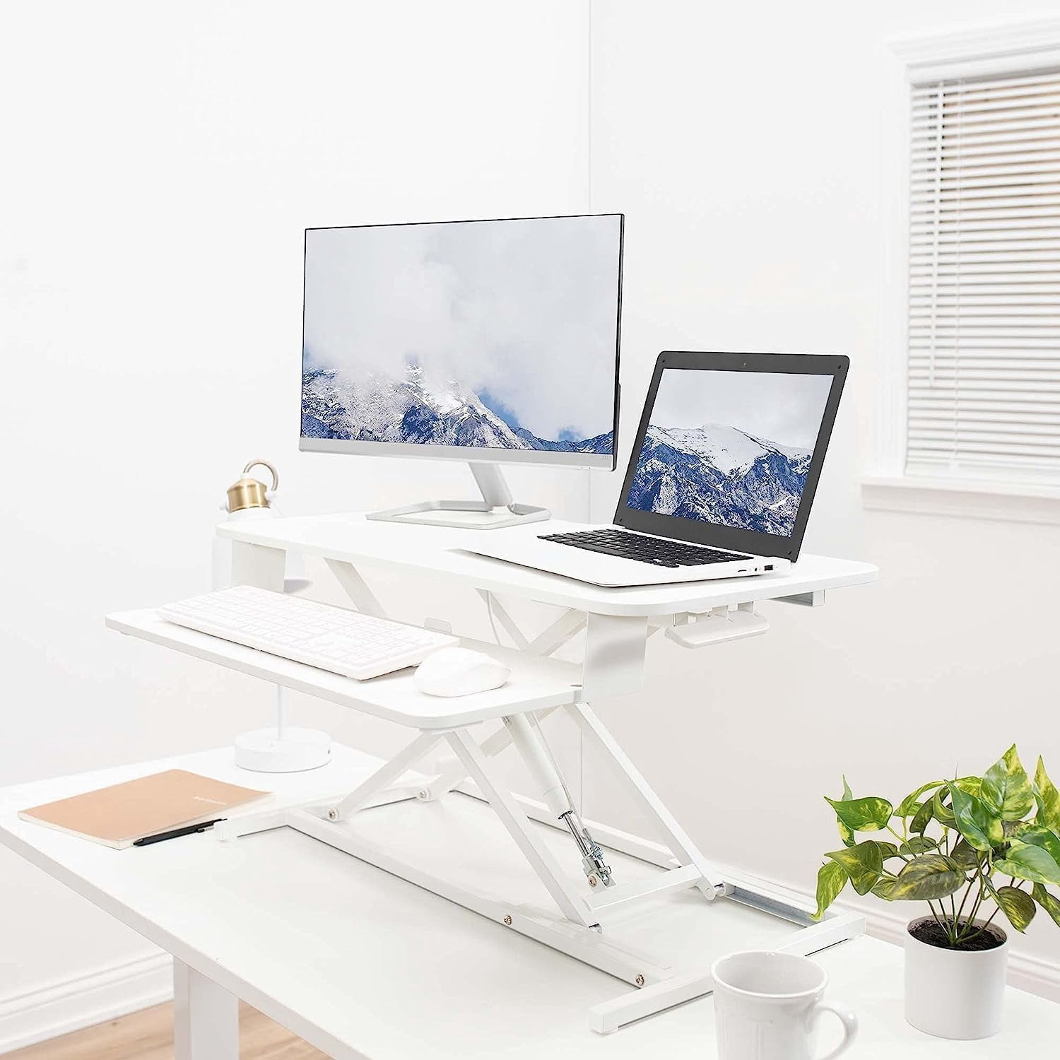 Pawverly 32” Standing Desk Converter, Adjustable Sit Stand Riser for Dual Monitor & Laptop, Spacious Keyboard Tray Workstation, Ergonomic Office Desk Converter White