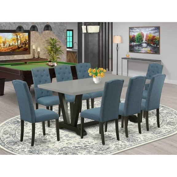 East West Furniture V697CE121-9 9-Pc Dining Room Set - 8 Dining Chairs and 1 Modern Rectangular Cement Wood Dining Table Top with Button Tufted Chair Back - Wire Brushed Black Finish
