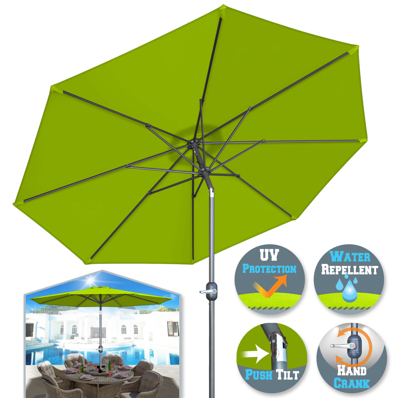 Sunrise 9' Outdoor Umbrella with 8 Ribs, Tilt, and Crank, Patio Garden Market Sunshade Umbrella (Lemon Green)