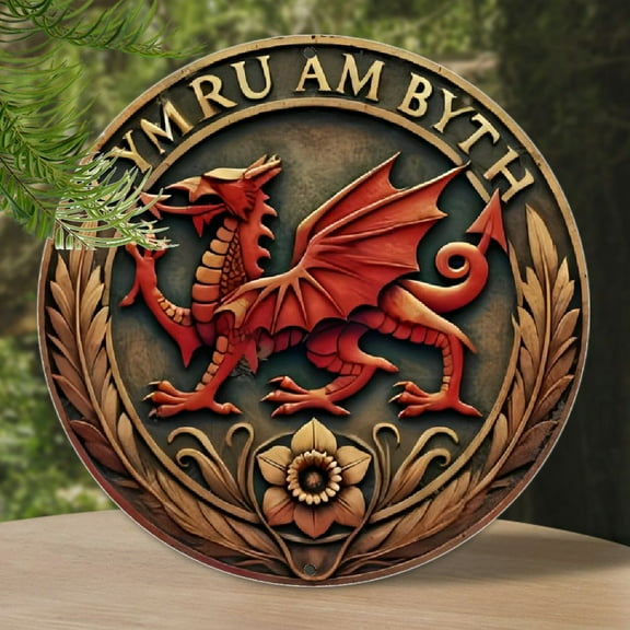 A Vintage Welsh Dragon Aluminum Wall Sign (8 Inches X 8 Inches) Featuring Traditional Decor, Slogan Wall Art, Creative Wall Art, Patriotic Decoration, Red Dragon Symbol, Home Decor, Office Decor