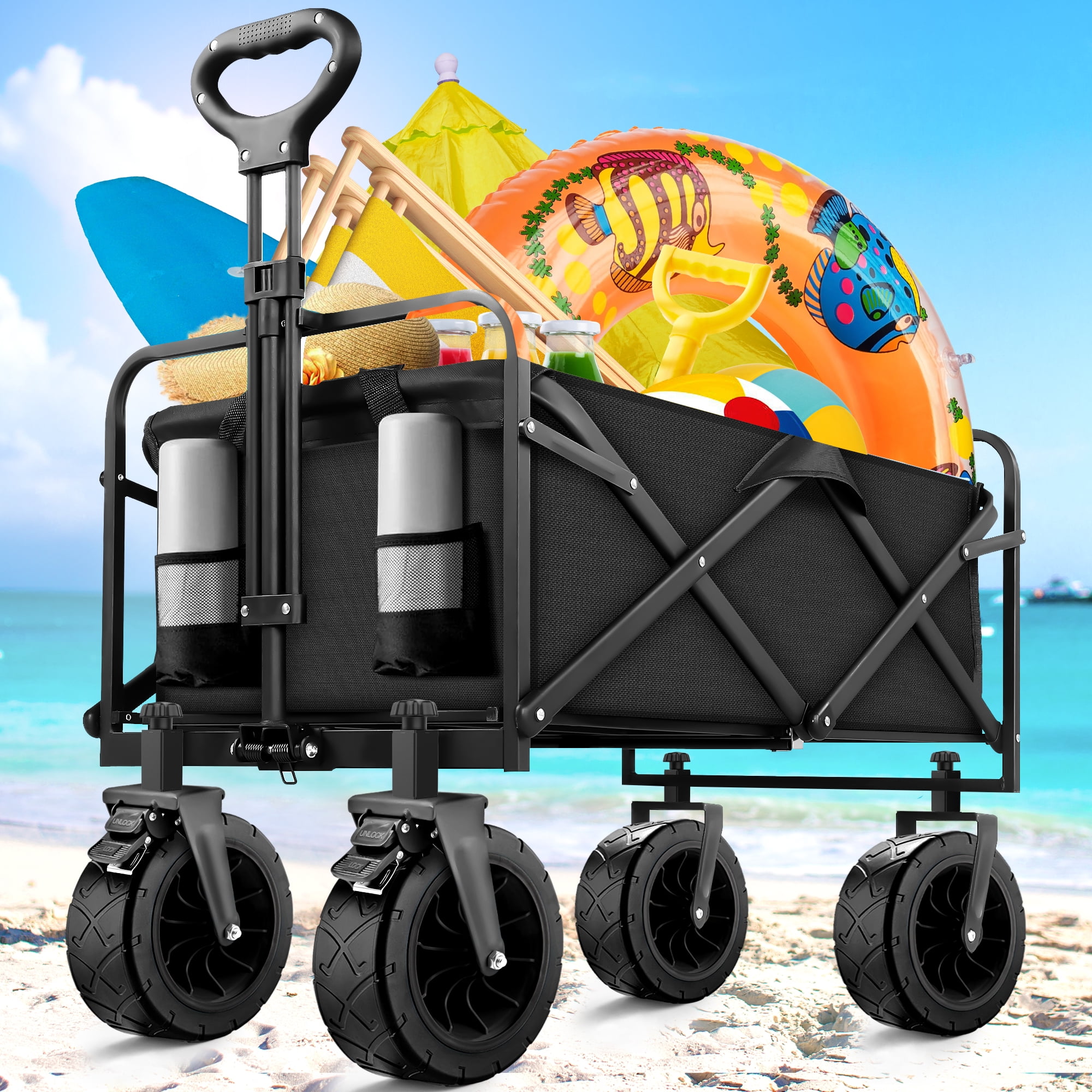 Qunler 560lbs Collapsible Folding Wagon, Big Bucket Beach Cart,  Heavy Duty Large Capacity Garden Wagon with Multi-Terrain Brake Wheels for Outdoor Camping, Shopping, Sports, Grocery, Kids, Black