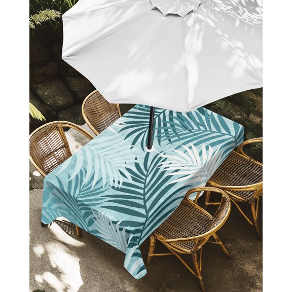Outdoor Tablecloth with Umbrella Hole, Teal Palm Leaf Zippered Table Cloth for Rectangle Tables, Tropical Island Leaves Washable Waterproof Tablecloths for Picnic Patio Garden