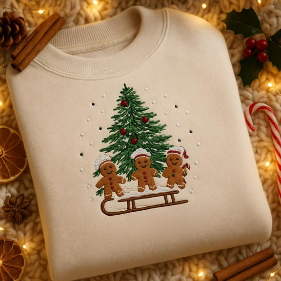 Embroidered Gingerbread Christmas Sweatshirt: Women's Holiday Crewneck