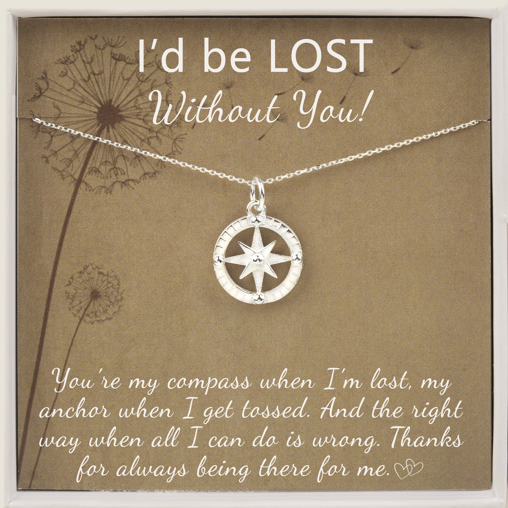 Anavia Anniversary Gift for Girlfriend / Wife, Sterling Silver Compass Necklace Gift Card, I'd Be Lost Without You Jewelry for Her