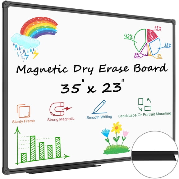 JILhome 35" x 23" White Board, 3'x2' Magentic Dry Erase Board, Whiteboard with Long Pen Tray for Home, School, Office, Kitchen, Black Aluminium Frame
