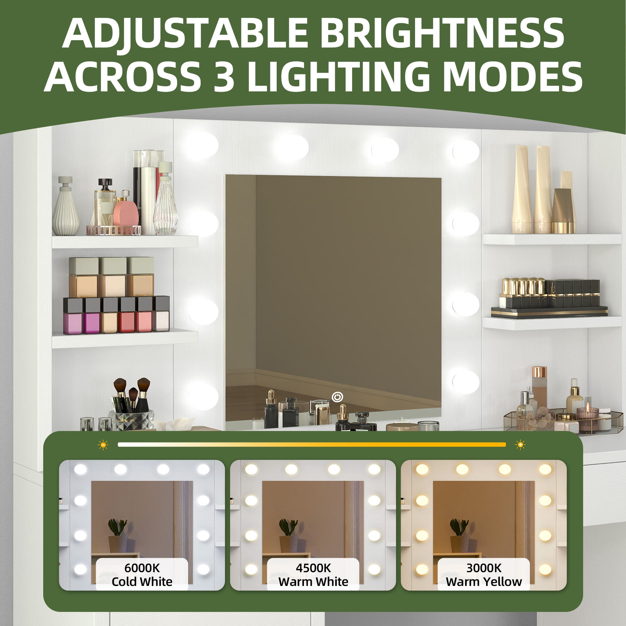 Uforic Makeup Vanity Desk with Mirror & 10 Lights, Vanity Desk with Power Outlet, 4 Drawers & 8 Storage Shelves - White