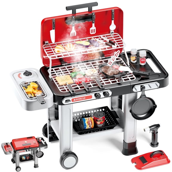 Caunedy Kids BBQ Grill Playset,Color Changing Play Food,Smoke & Sound Light,Cool Mist Spray,2-Layer with Wheel,Outdoor Grill Toys for Toddlers Ages 3-5