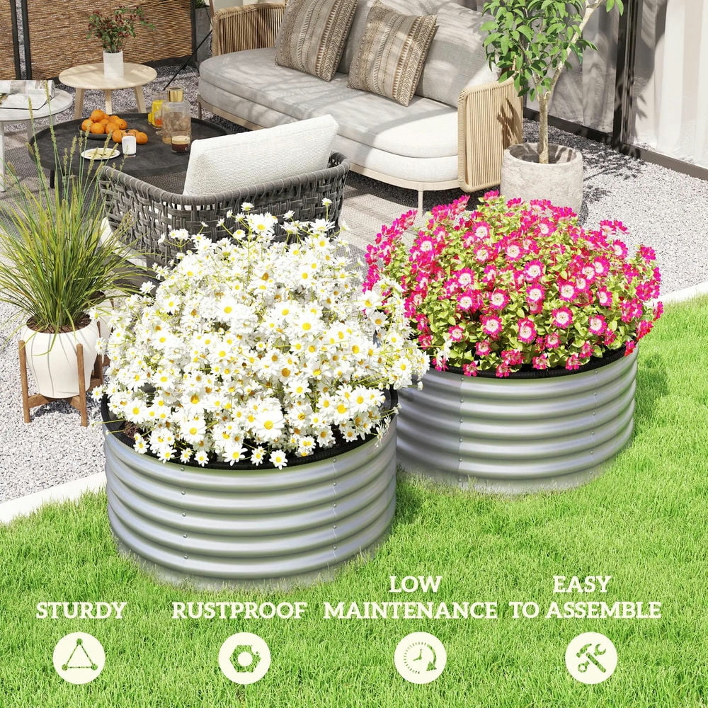 Topcobe Set of 2 Raised Garden Bed, Metal Planter Box with Safety Edging, Easy-to-assemble Stock Tank 3'x3'x1.4' Silver, Planters for Outdoor Plants, Raised Beds for Gardening