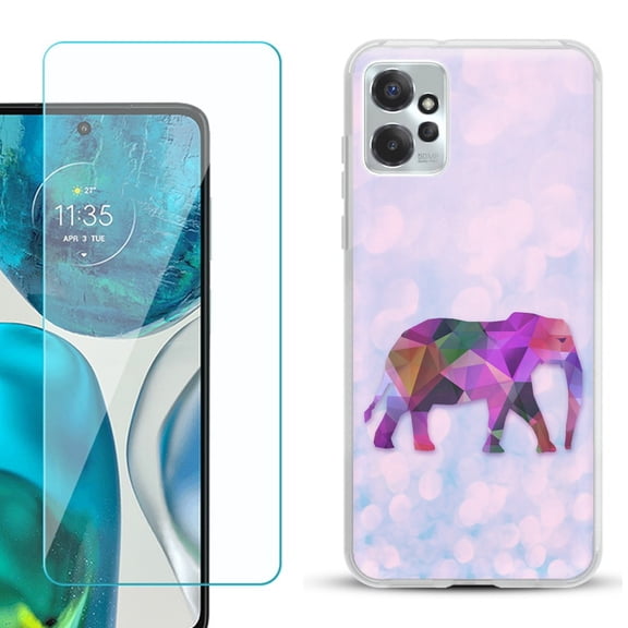 OneToughShield ® for Motorola Moto G Power 5G 2023 Shockproof Fashion Phone Case, with Tempered Glass Screen Protector - Elephant /Polygon