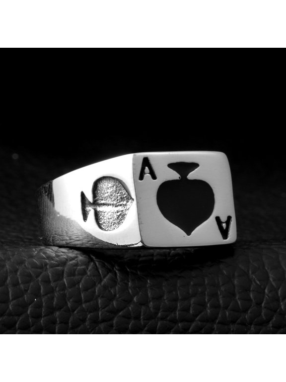 Men's Stainless Steel Ace of Spades Poker Card Lucky Ring Multicolor