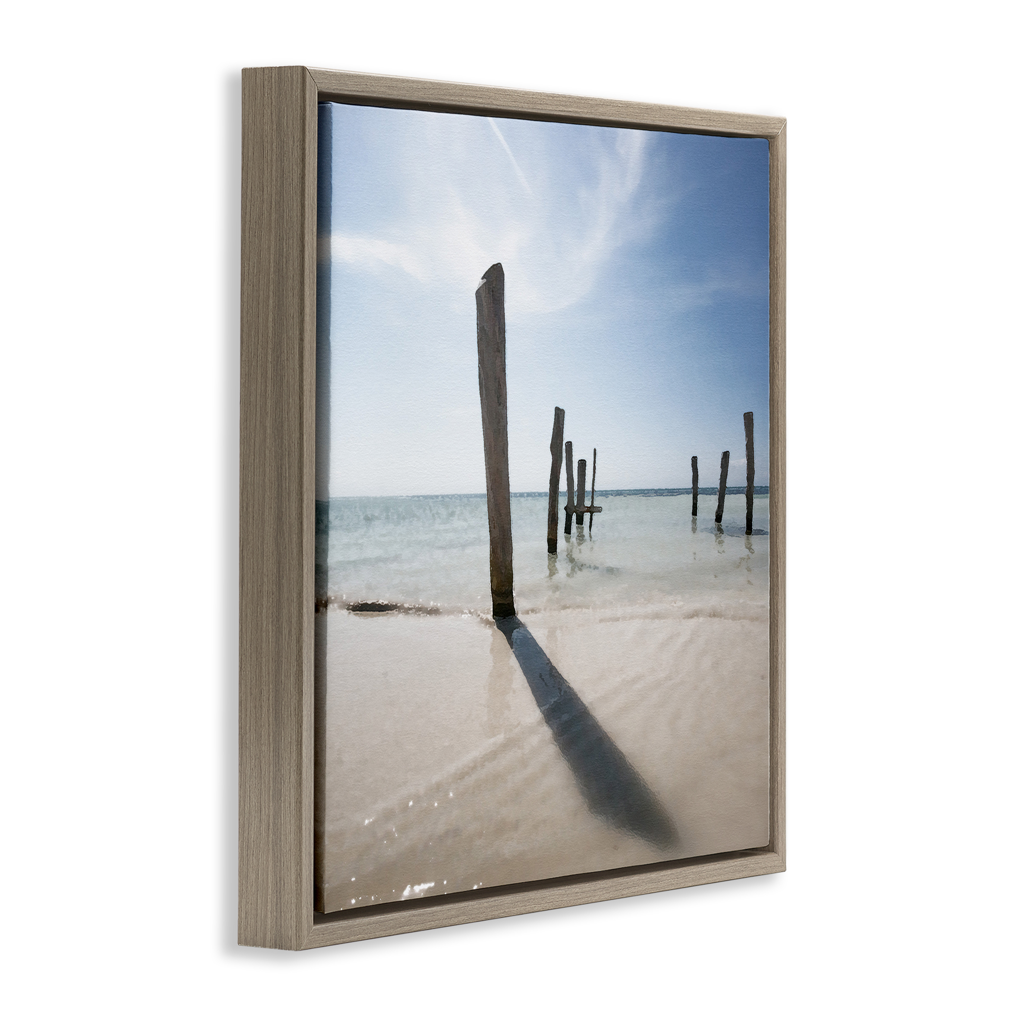 Stupell Industries Eight Beach Posts Coastal Photography Brown Floater Framed Canvas Art Print Wall Art, 18 x 18
