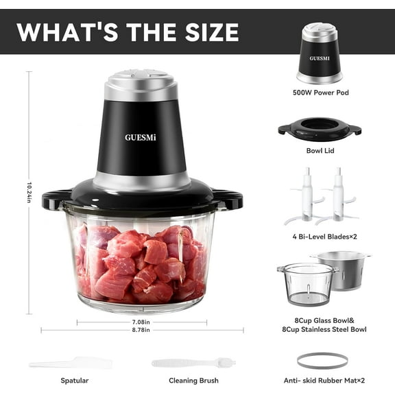 Powerful 500W Food Processor with Dual Blades & 2 Bowls for Meat, Vegetables, Nuts