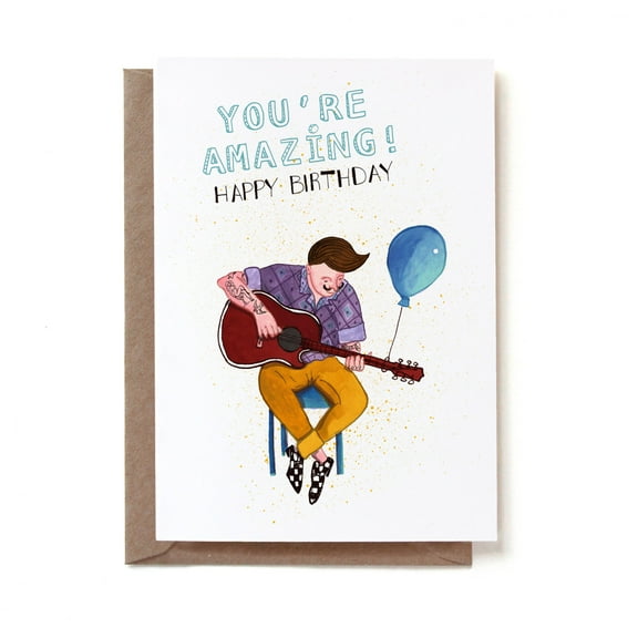 You're Amazing Birthday Card – Inspirational Guitarist Design with Balloon – Blank Inside, Envelope Included – Perfect for Friends, Family or Anyone Special