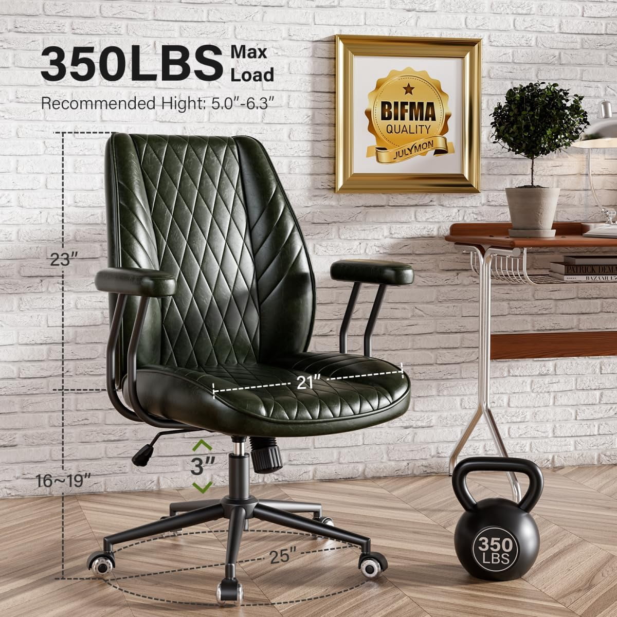 Genpo Green Leather Office Chair with Wheels Rubber Casters, Padded Arms and Adjustable Height, Mid Century Modern Style Vintage Desk Chair