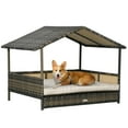 thumbnail image 2 of PawHut Wicker Dog House Elevated Raised Rattan Bed for Indoor/Outdoor with Removable Cushion Lounge, Khaki, 2 of 9