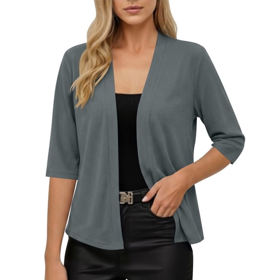 Stamzod Summer Light Weight Cardigan Women Dressy Casual 3/4 Sleeve Open Front Cardigans Fashion Clothing Gray XL