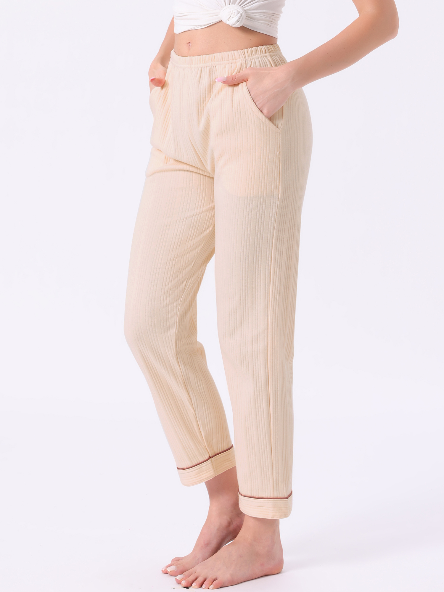 DARING DIVA Women's Cotton Knit Ribbed Elastic Waist Loungewear S Beige