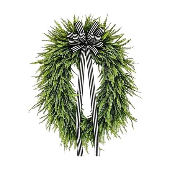 Artificial Fern Wreath with Striped Bow for Front Door Decor - Elegant Spring Summer Wall and Outdoor Decoration - Durable and Weather-Resistant for Farmhouse Entryway Green