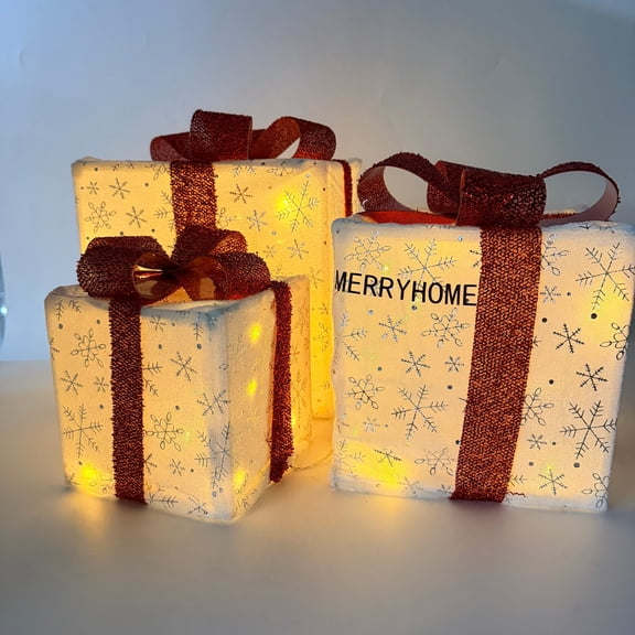 MERRYHOME Christmas Lights Gift Box 3 Piece Set with 50 LEDs with Stars and Colorful Bows, Battery Operated Christmas Lights Decoration for Home, Parties, Holidays