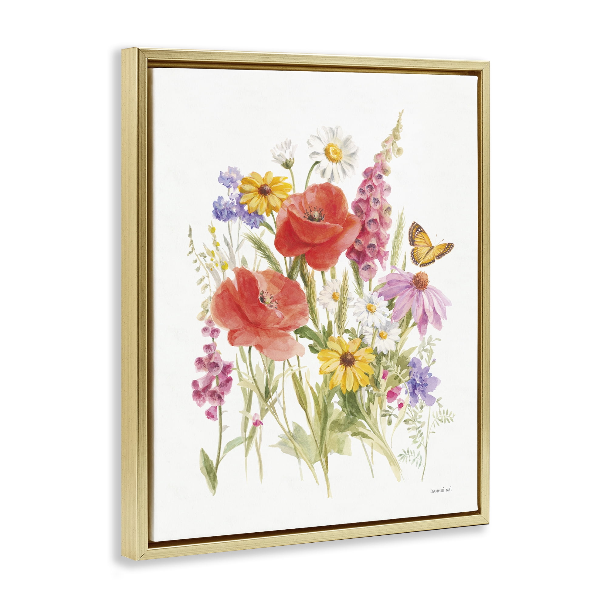 Stupell Industries Bright Flowers & Butterfly Botanical & Floral Painting Gold Floater Framed Art Print Wall Art, 17 x 21
