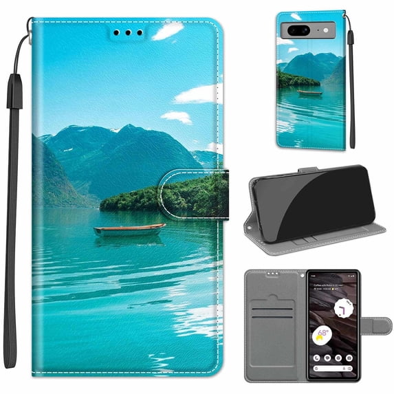 Flip Wallet Case for Google Pixel 8, with Kickstand Credit Card Holder Slot Cute Pattern Magnetic Clasp Premium PU Leather Protective Case with Wrist Strap - Boat