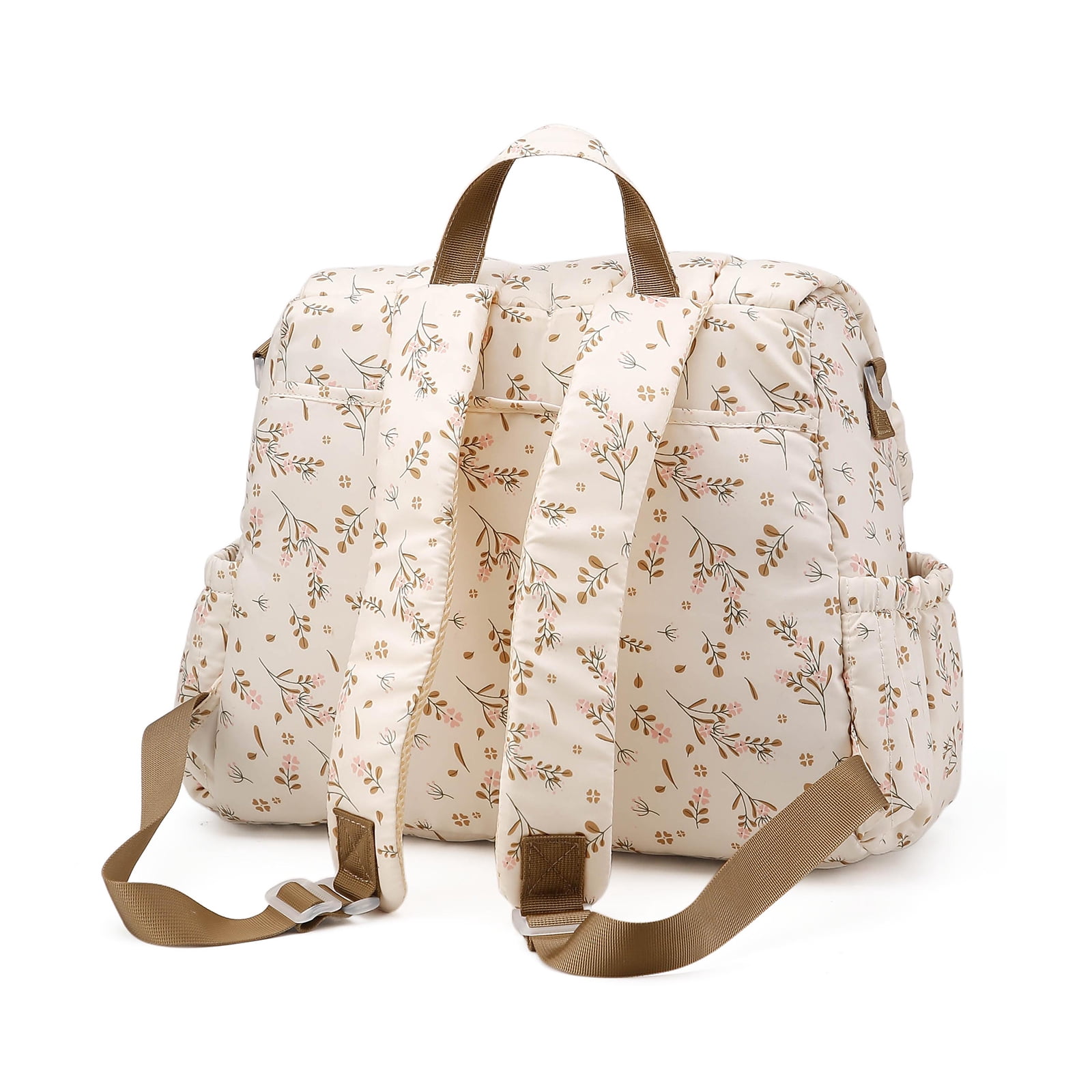 HAHUT Aesthetic Quilted Floral Diaper Bag Backpack with Stroller Straps, Multi-Functional Nylon Embroidered Laptop Backpack for Work Travel Casual (Pink)