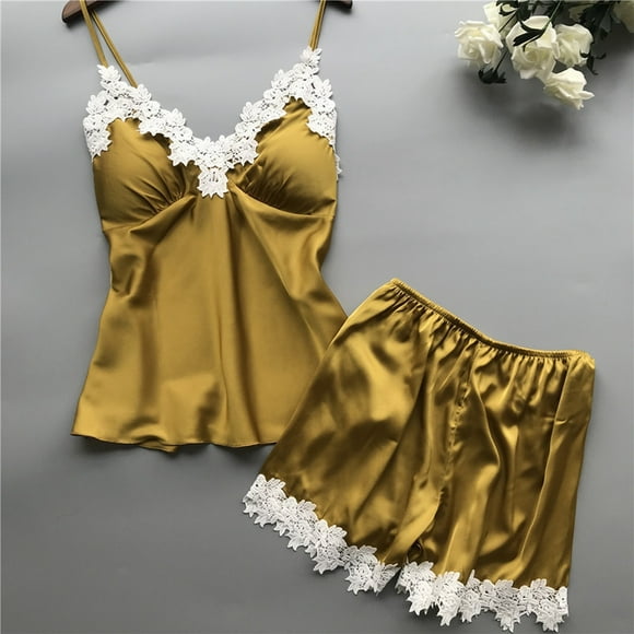 Alitao Pajamas for Women Set Silk Pajamas Women'S Suspenders Similar To Underwear Home Pajamas Two Piece Lace Suspenders Home Clothes Suit Pj Sets Lounge Sets Yellow XL