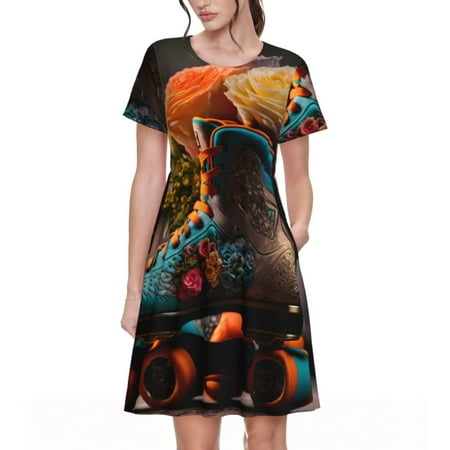 Qokaie Classic Floral Blue Skate Shoes Print Womens Casual Short Sleeve Dress  Effortless Comfort and Stylish A-Line Design for Summer
