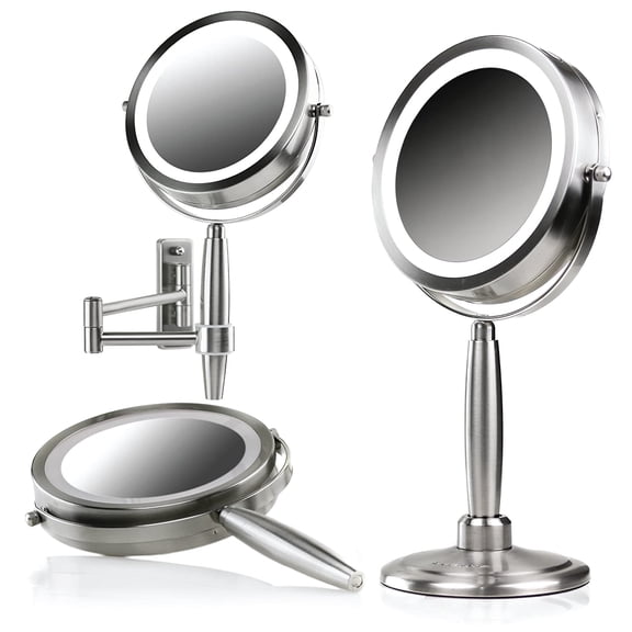 OVENTE 8.5'' Hand Mirror 1X 5X Magnifier, Tabletop & Wall Mount, Nickel Brushed MFM85BR1X5