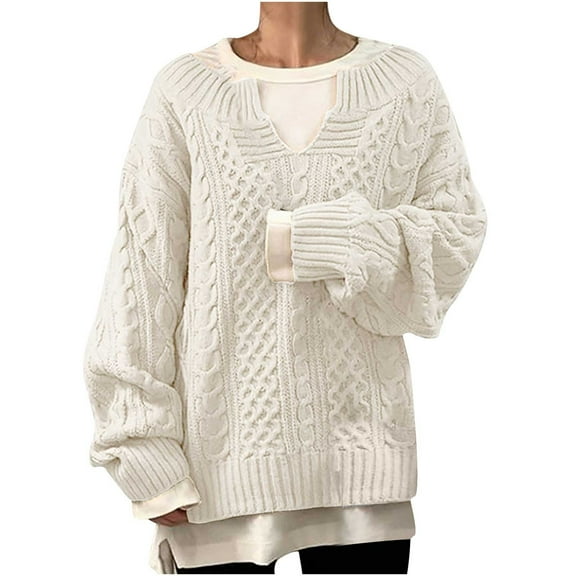 Hinvhai Plus Size Sweater Tops On Seasonal Clearance Women's Long Sleeve Solid Color V Neck Top Loose Knitted Sweaters Blouse White 10(XL)