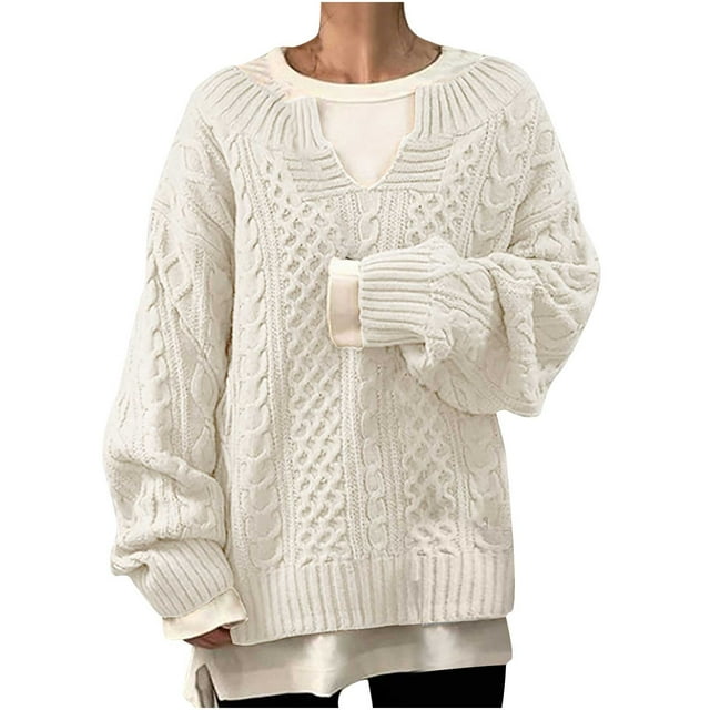 IROINID Women's V-Neck Pullover Sweater Solid Color Loose Mid-Length Long Sleeve Top Knitted Sweaters Blouse