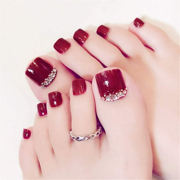 LYUMO Press on Toenails Red Fake Toenails Glitter Rhinestone Toe Nails for Women Glossy Toe Nail Tips Glue on ToeNails (24Pcs)