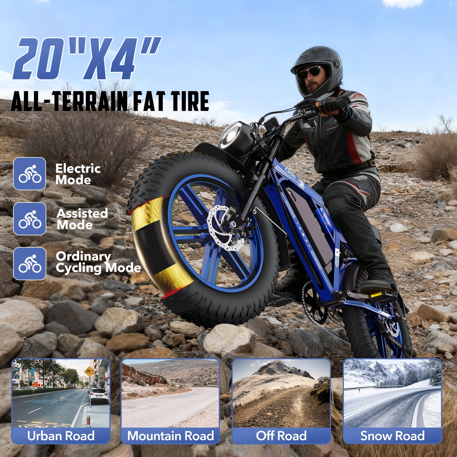 UL2849 Electric Bike for Adults, 1000W Motor, 20"x4" Fat Tire, 48V/17.5AH