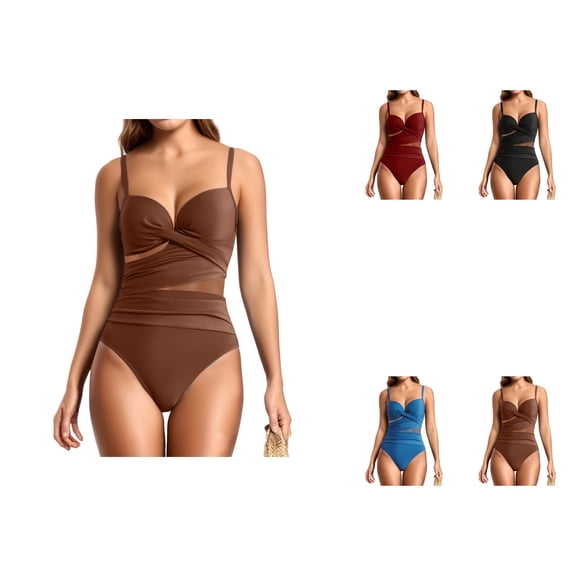 Womens One Piece Swimsuit 2025 V-Neck Ruched Mesh Bathing Suit with Spaghetti Straps, Tummy Control Swimwear