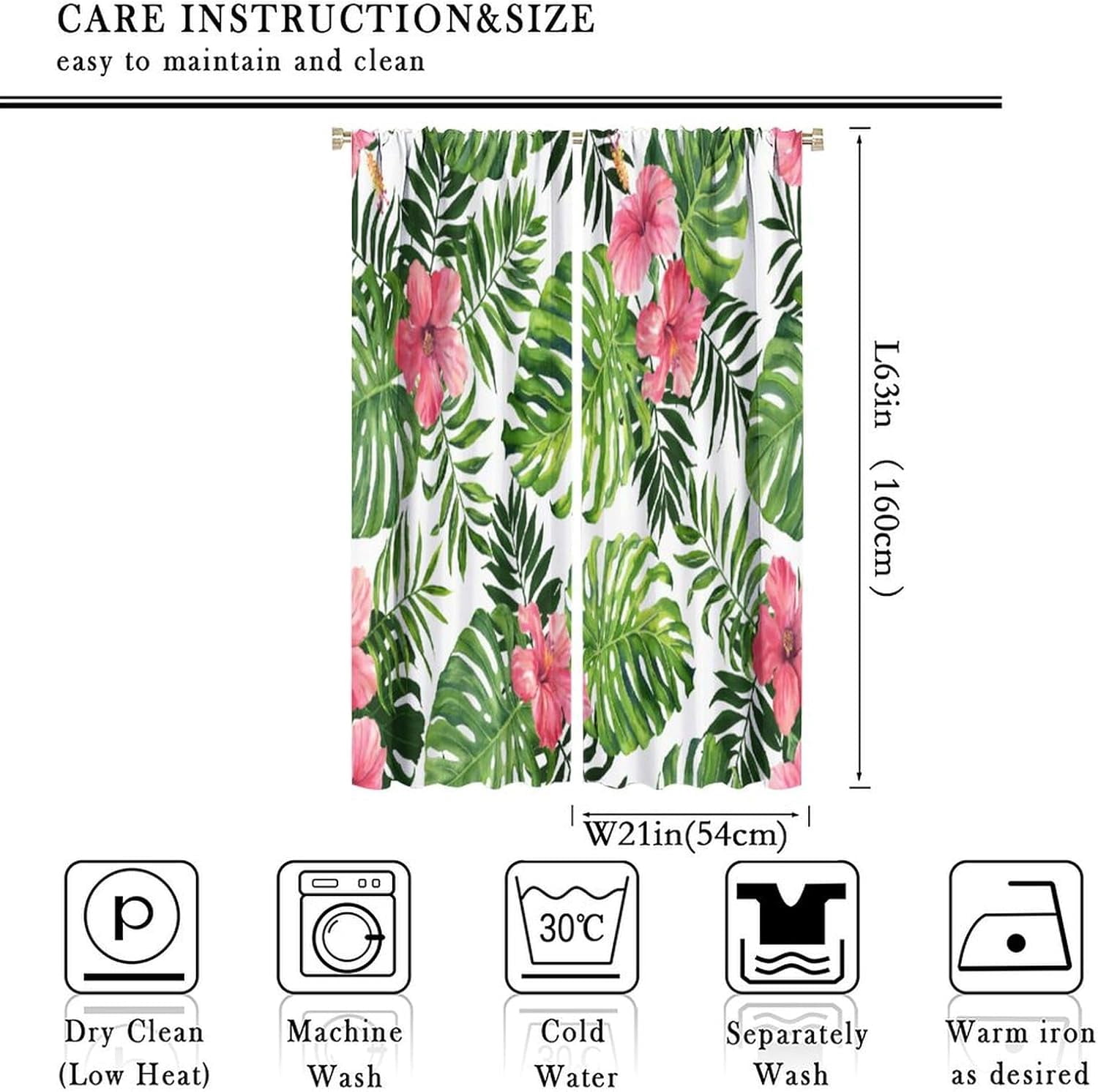 Tropical Floral Curtain Green Plant Nature Blackout Print Rod Pocket Window Drapes for Bedroom Living Room 42x63in