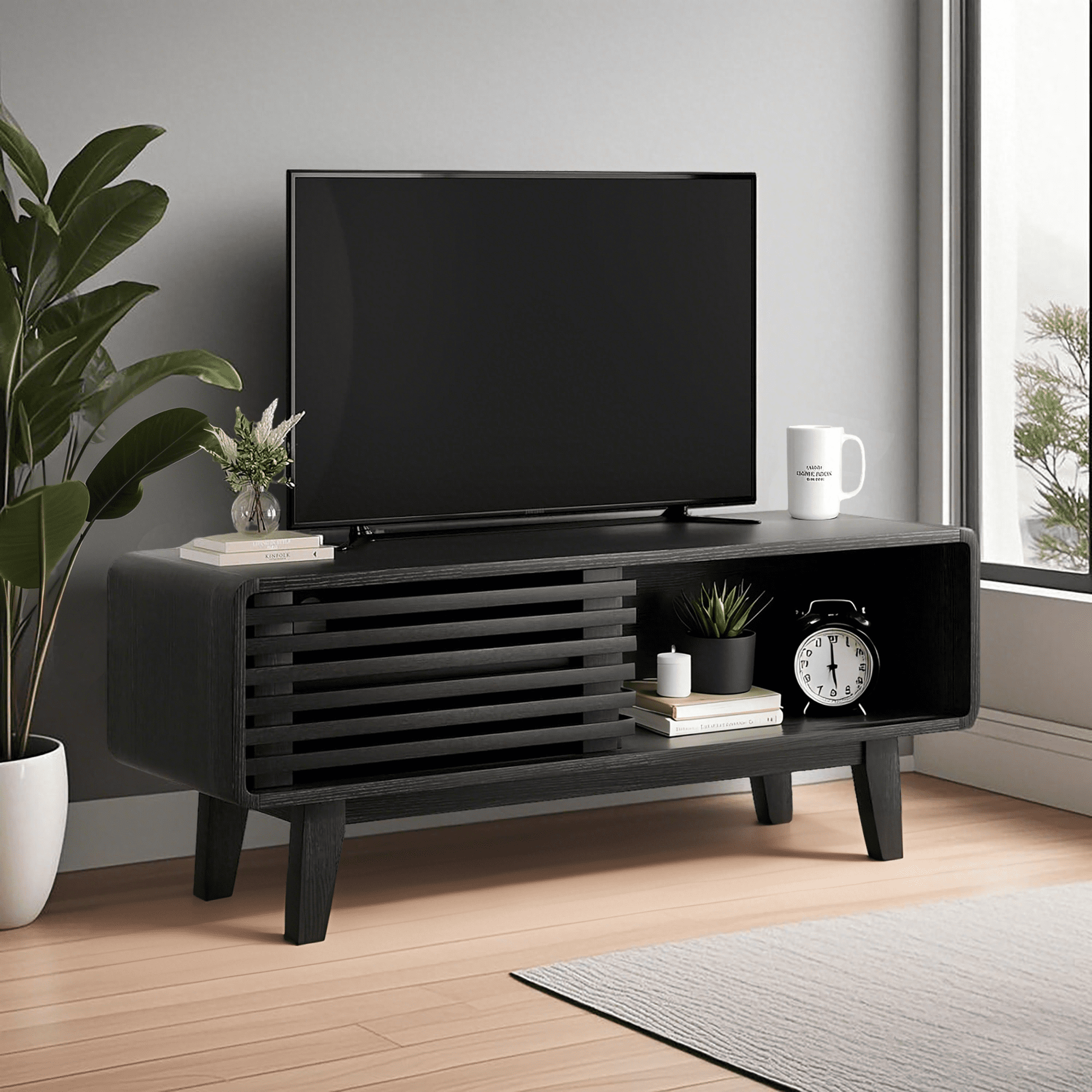 MAYEERTY Black Mid Century Modern TV Stand, 59" TV Console with Storage for Living Room & Apartments