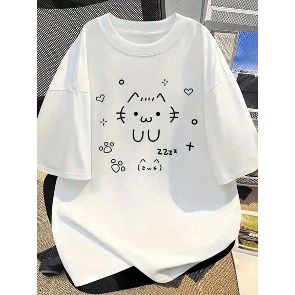 【New Arrival】Women Casual Graphic T-Shirt, Line Art Sleeping Cat Doodle Print Loose Crew Neck Aesthetic Cute Animal Short Sleeve Tee