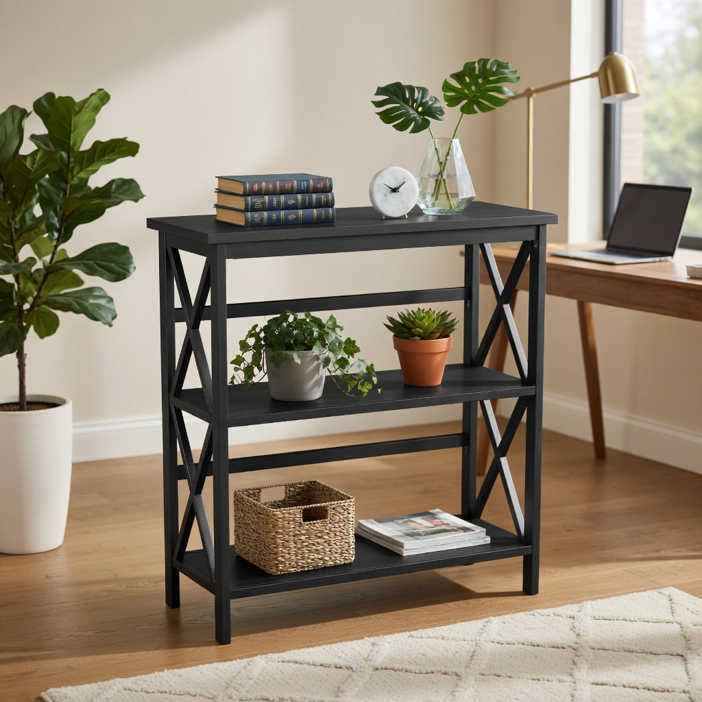 Spaco 3-Tier Wooden Multi-Functional X-Design Etagere Storage Bookshelf-Black, Tall Bookshelf, Shelves for Living Room, Home Office, Bedroom, Balcony