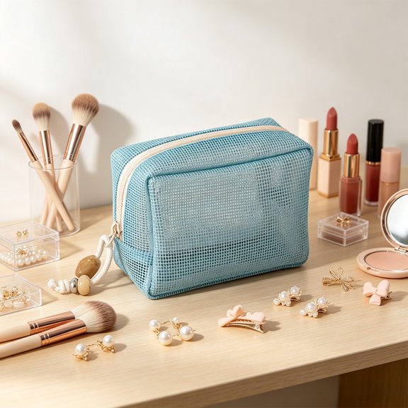 Cififendec Mesh Mini Cosmetic Pouch, 4.72"×3.54", Octagon Shape Breathable Portable Zipper Travel Bag for Lipstick Storing and Travel Daily Use
